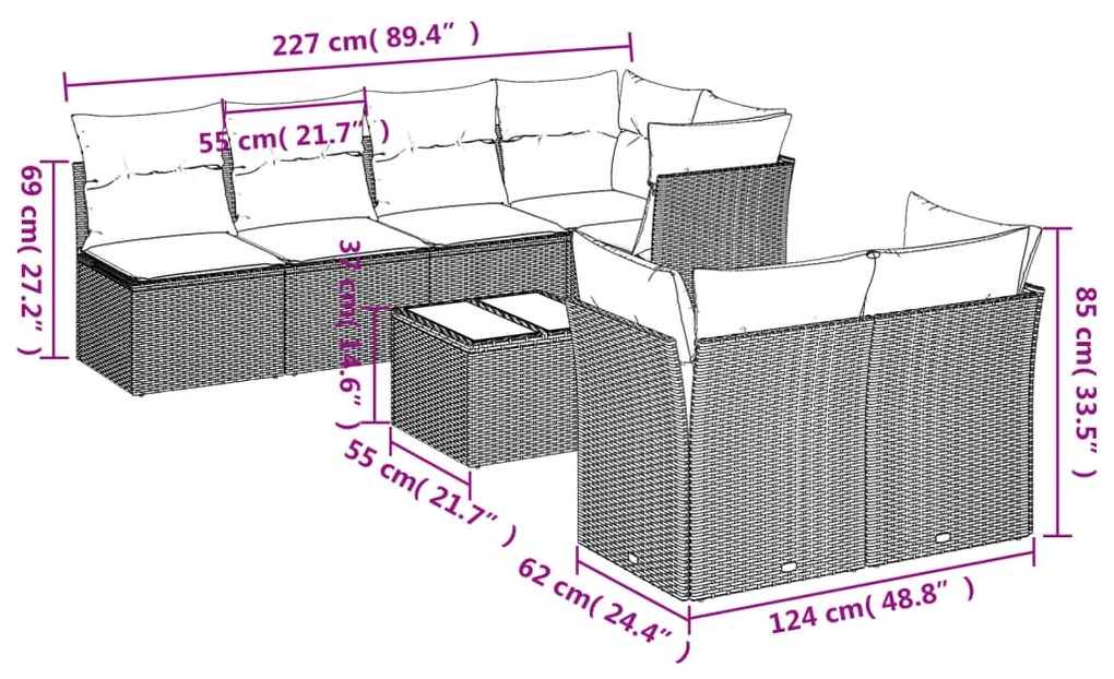 8 pcs conj. sofás jardim c/ almofadões vime PE cinzento-claro