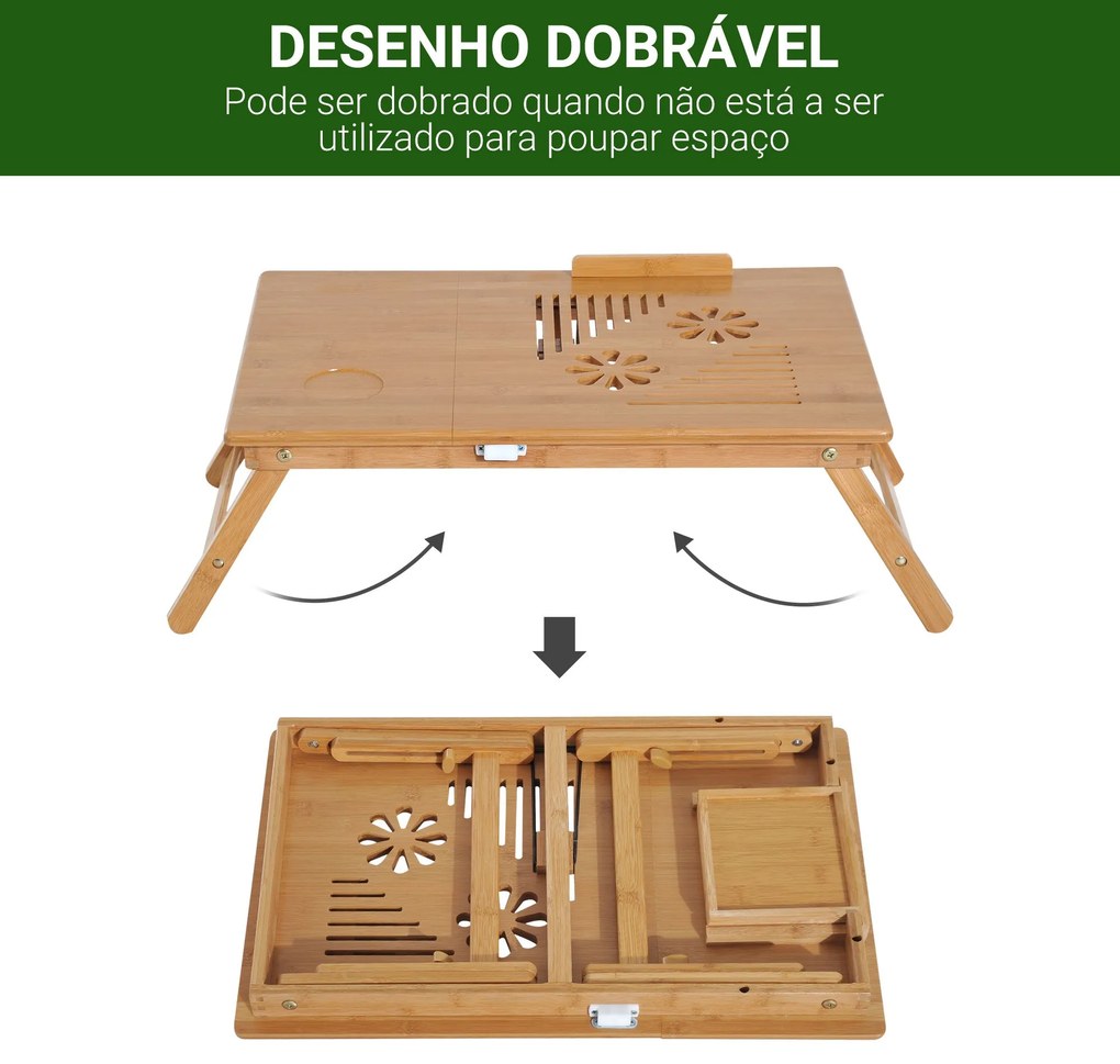 Mesa para computador portátil Bambu dobravel Altura ajustável 1 gaveta
