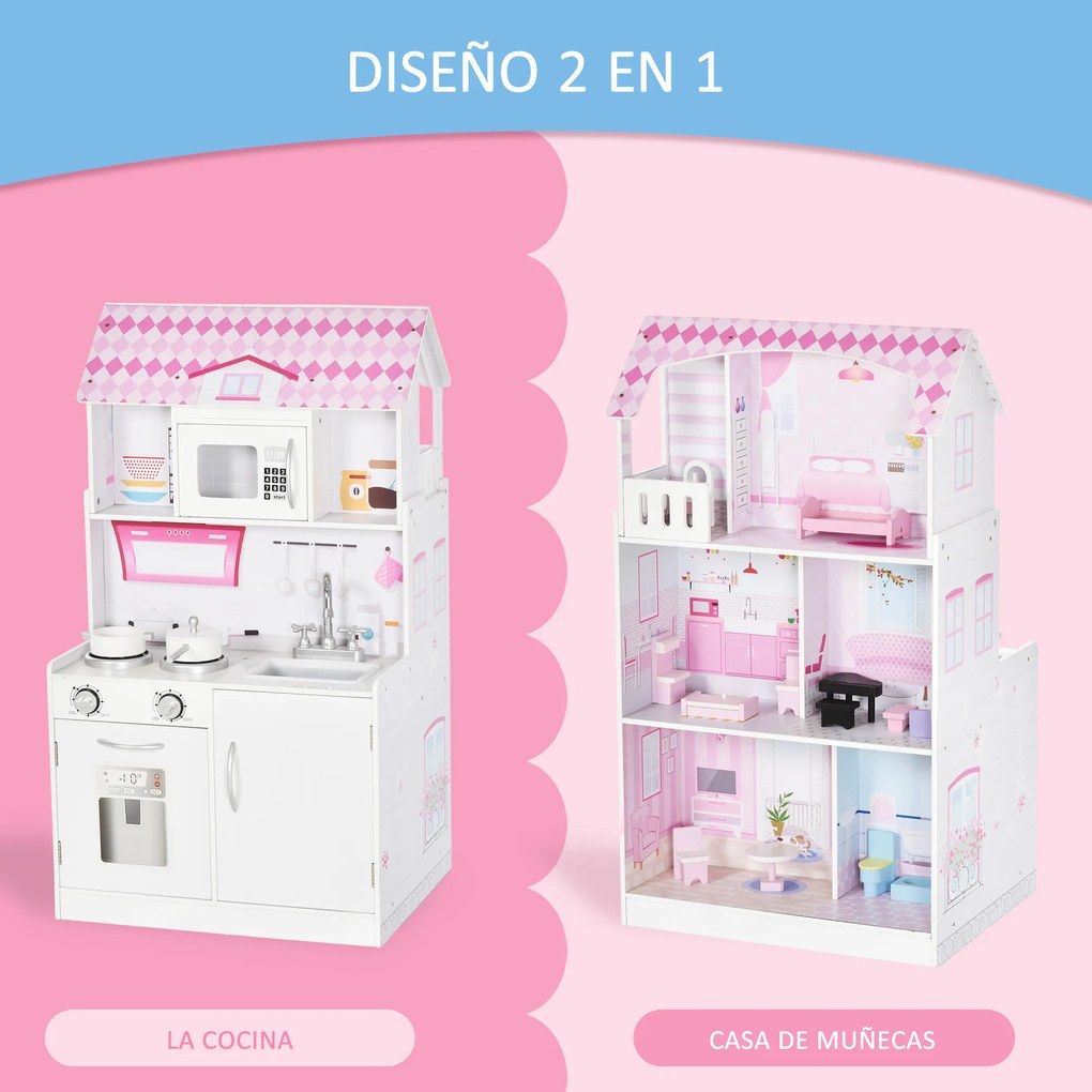 HOMCOM 2 em 1 binquedo de cozinha Casa de bonecas 3 andares com 12 acessórios incluidos para crianças acima de 3 anos 60x 48x 106 cm rosa