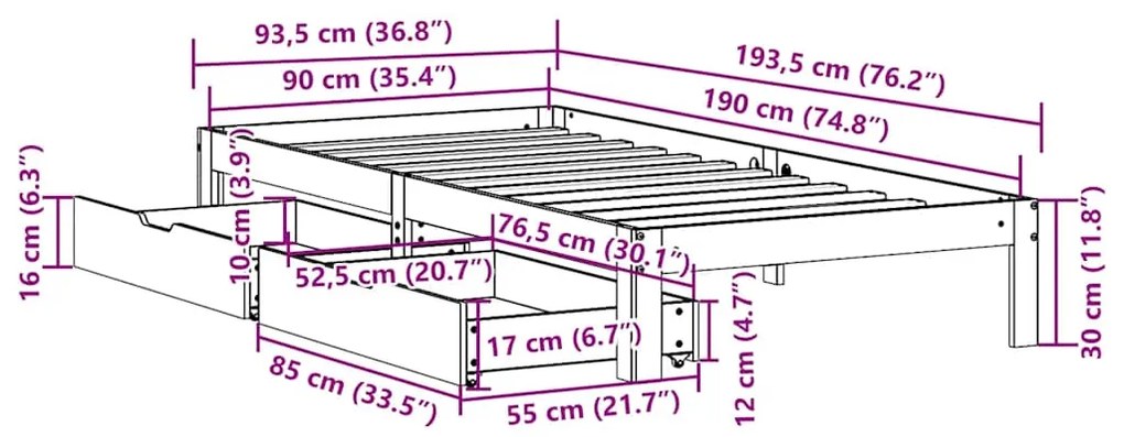 Estrutura de cama com gavetas 90x190 cm pinho maciço branco