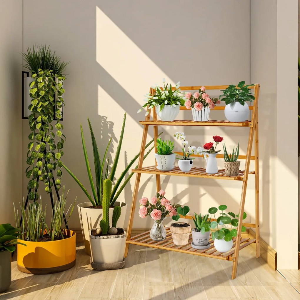 Estante para plantas com 3 níveis para vasos de flores em bambu para pátio e jardim 70 x 38 x 95,5cm Natural