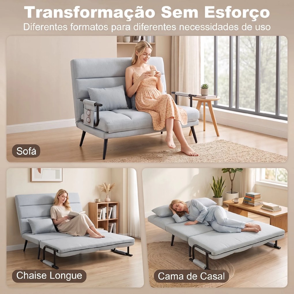 Sofá-cama de 2 Lugares 3 em 1 em Tecido Efeito Linho com Encosto Ajustável Click-Clack, Cinzento-claro