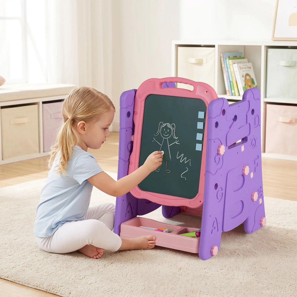 Cavalete Infantil 3 em 1, 43 x 38,5 x 55,5 cm, Quadro de Dupla Face, Rosa