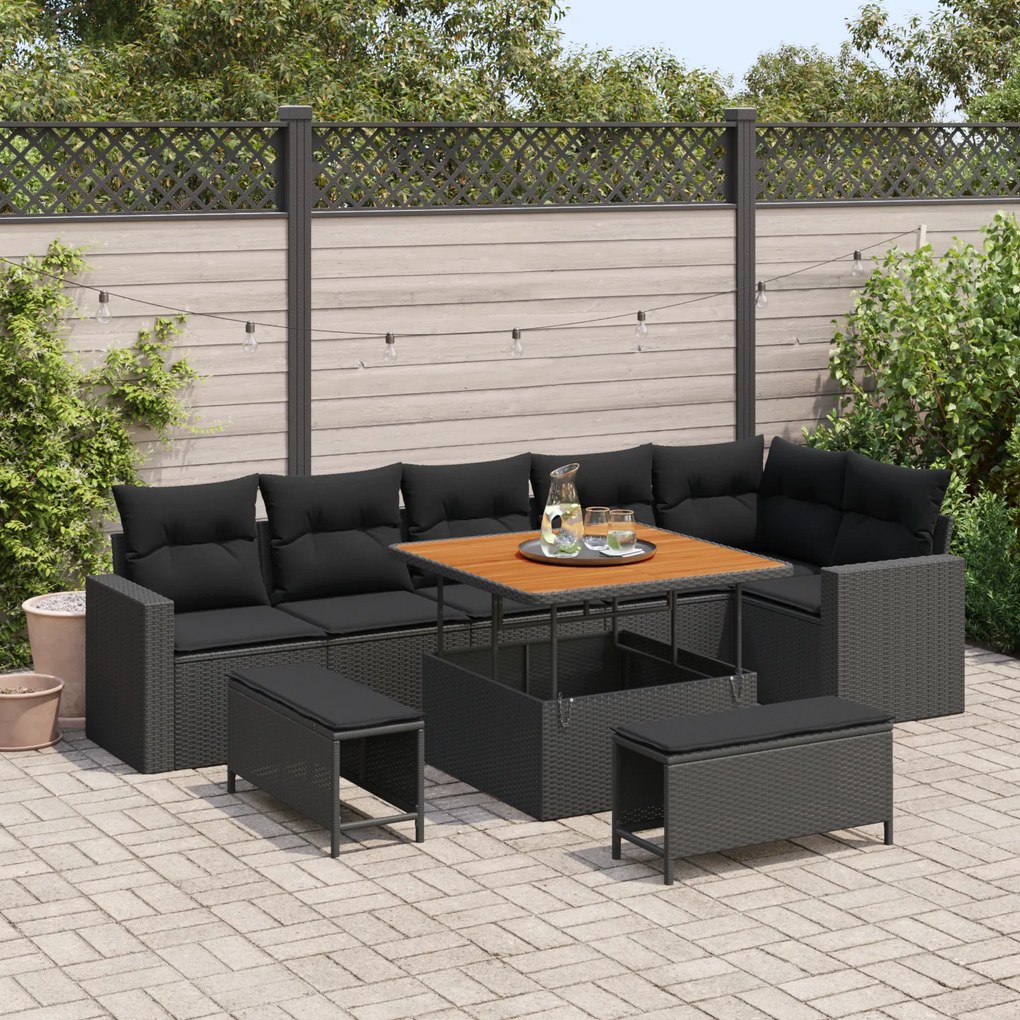 Conjunto de Sofá de Jardim 9 Peças com Almofadas Preto Rattan Poliéste