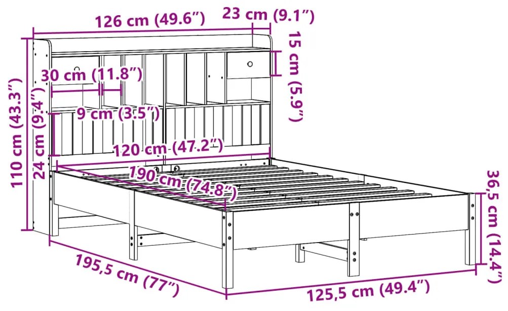 Cama com estante sem colchão 120x190 cm pinho maciço