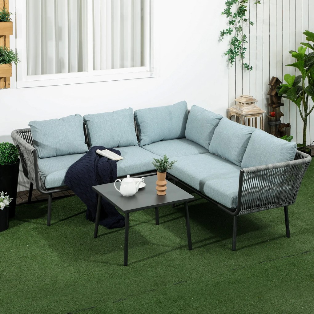 Conjunto de Móveis de Vime 4 Peças Conjunto de Móveis de Jardim 2 Sofás de 2 Lugares Sofá de Canto Mesa de Centro com 6 Almofadas e Estrutura de Alumí