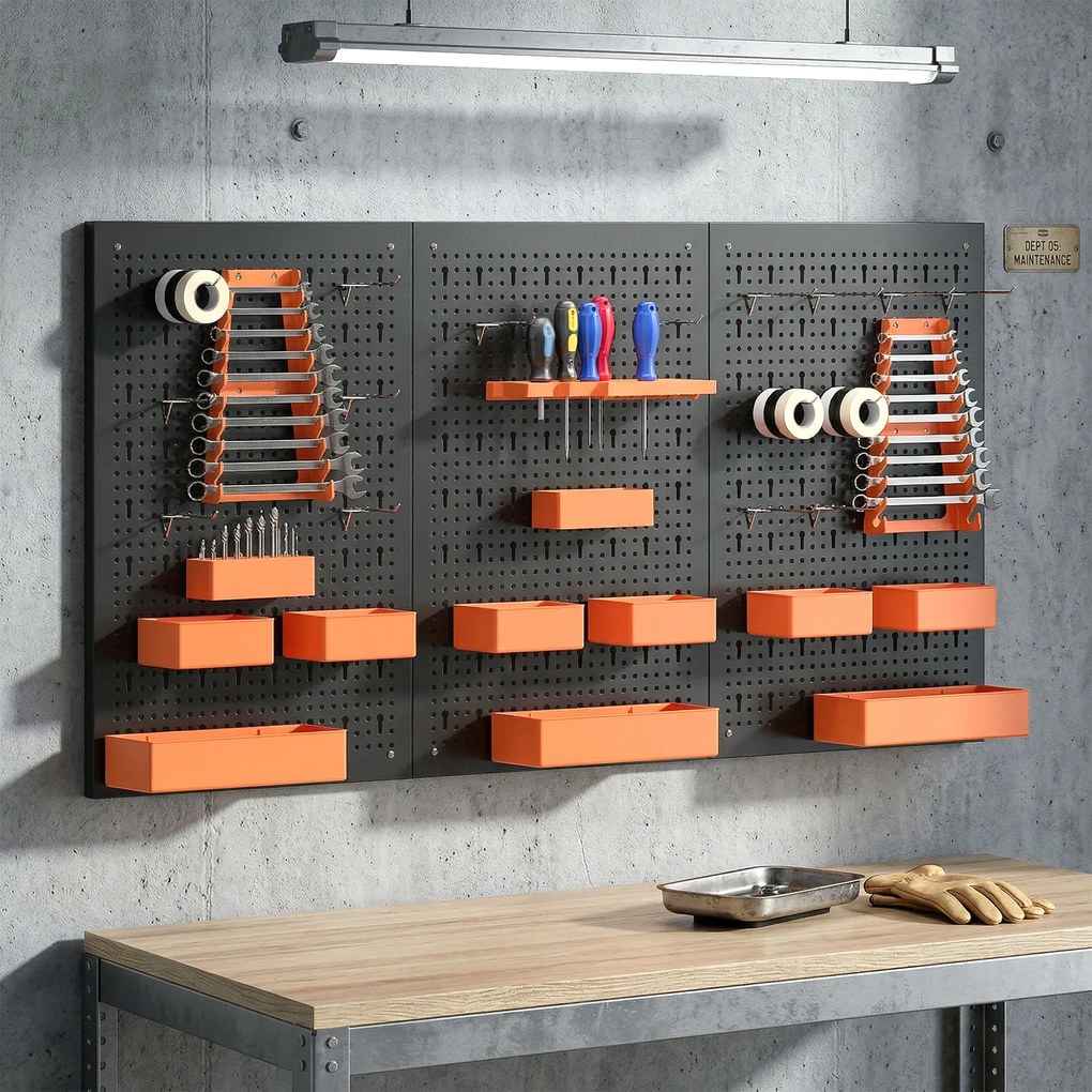 Organizador de Ferramentas de Parede de 33 Peças 120x60 cm com Ganchos Contentores e Prateleiras Preto e Laranja