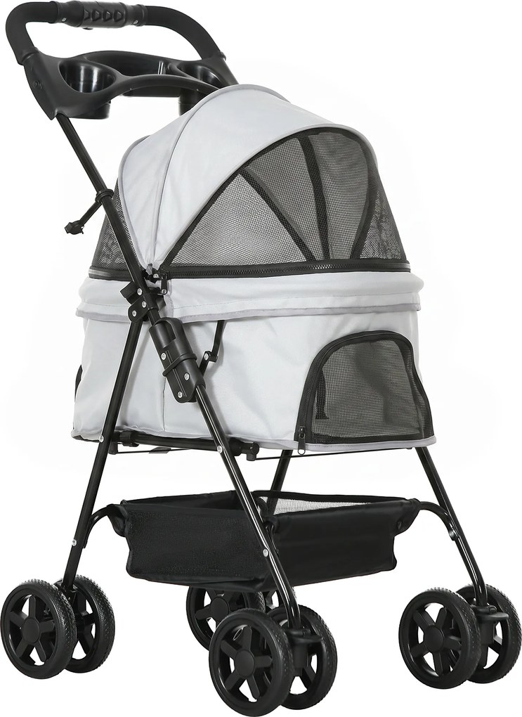 PawHut Carrinho para Cães Pequenos com 4 Rodas Travão Cesto Capota Correias de Segurança e Janelas 67x45x96 cm Cinza Claro | Aosom Portugal