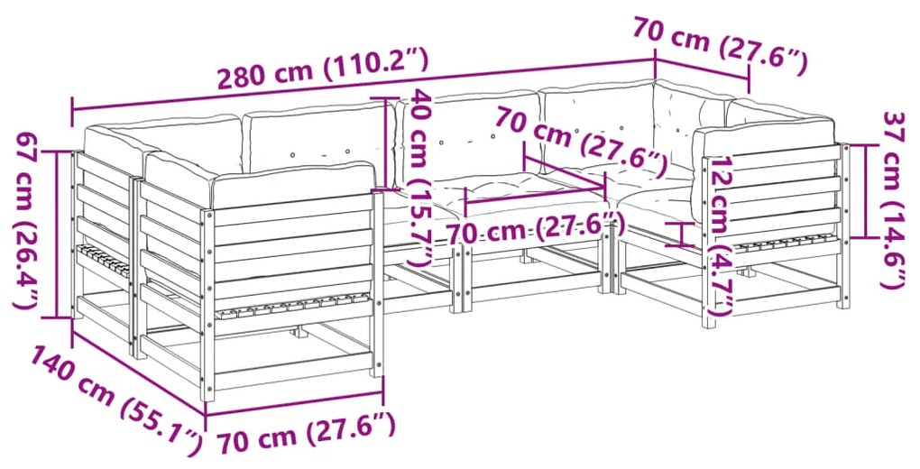 6 pcs conjunto de sofás de jardim c/ almofadões pinho maciço