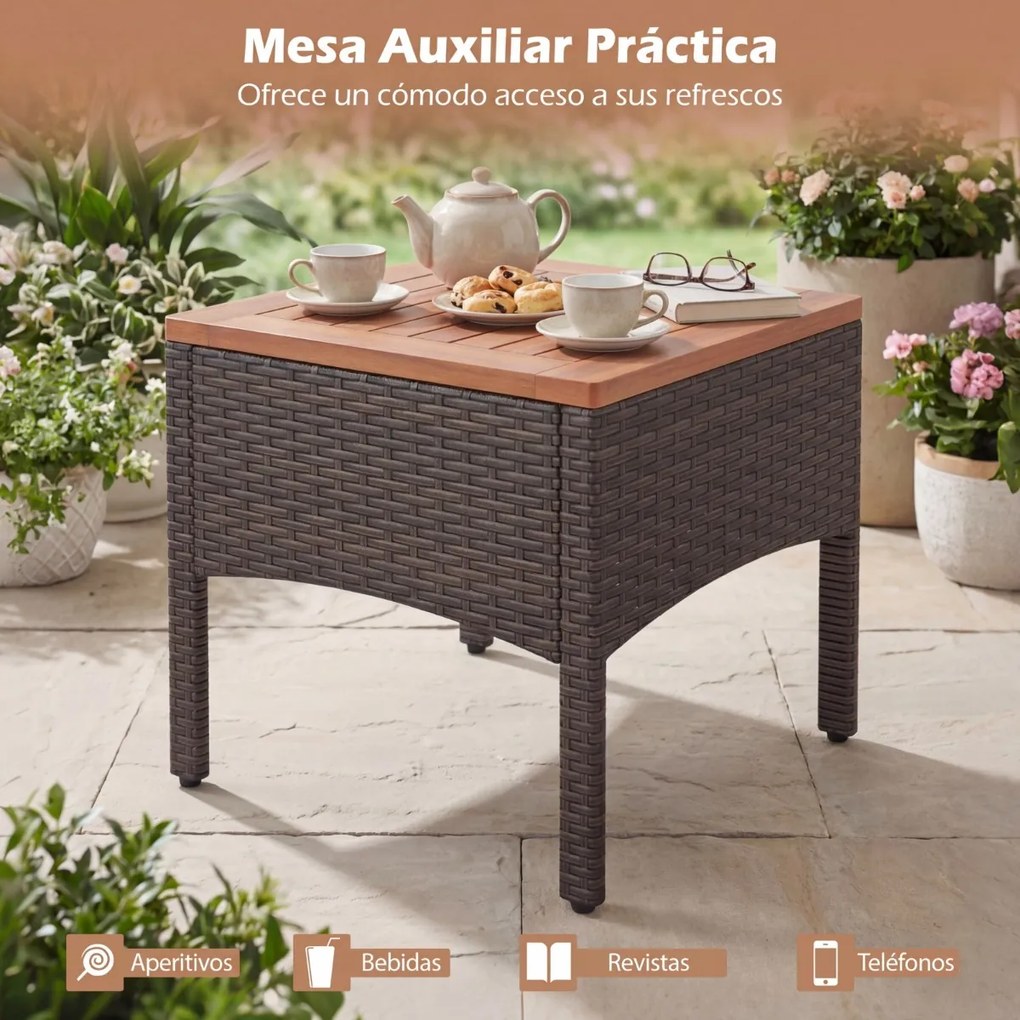 Conjunto  de jardim de 5 peças em vime e rattan, com 2 poltronas, 2 pufes, mesa em madeira de acácia Castanho misturado e cinzento