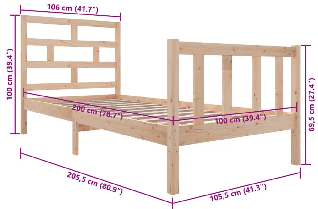 Estrutura de cama 100x200 cm pinho maciço
