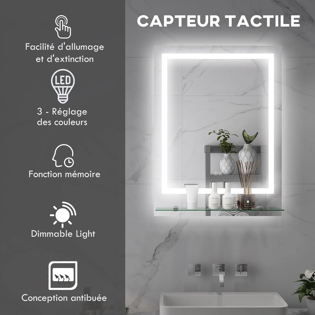 Espelho retangular 80 x 60 cm de parede com iluminação LED para casa de banho