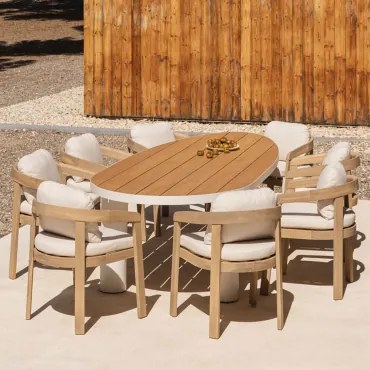 Conjunto De Mesa Oval Taneli, 260x110 Cm, Feito De Alumínio E Madeira De Teca, E 8 Cadeiras De Jardim Em Madeira De Acácia Uleno Madeira De Teca -