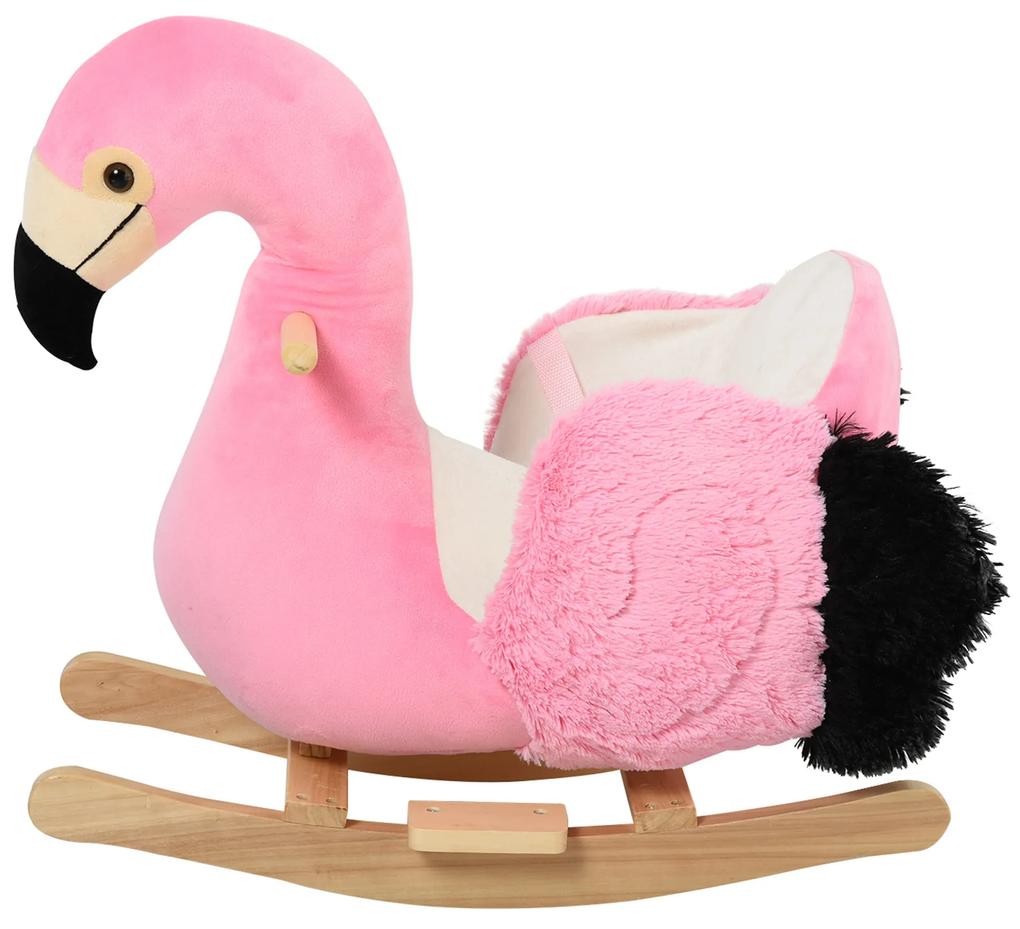 HOMCOM Baloiço de Flamingo para Crianças acima de 3 Anos Baloiço Infantil de Pelúcia e Base de Madeira Carga Máxima 25kg 60x33x53cm Rosa