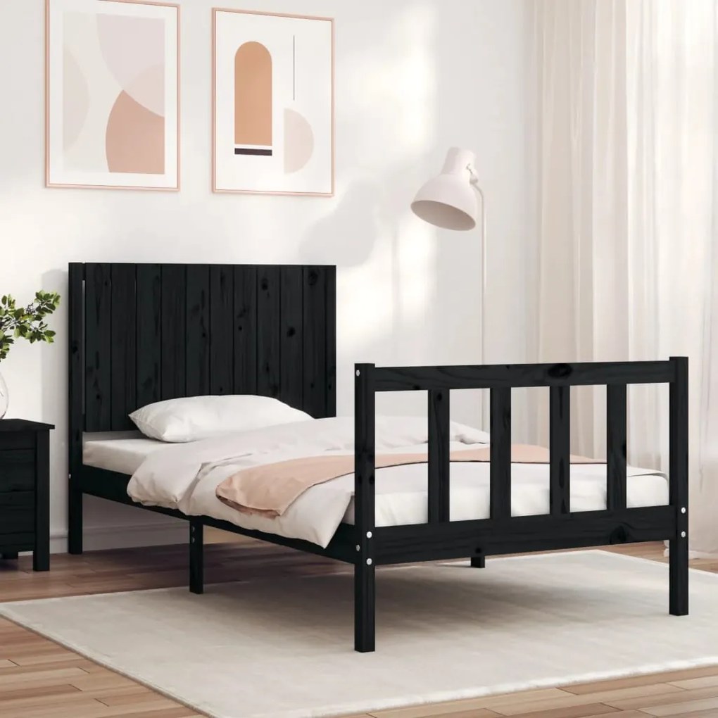 vidaXL Estrutura de cama com cabeceira 100x200 cm madeira maciça preto