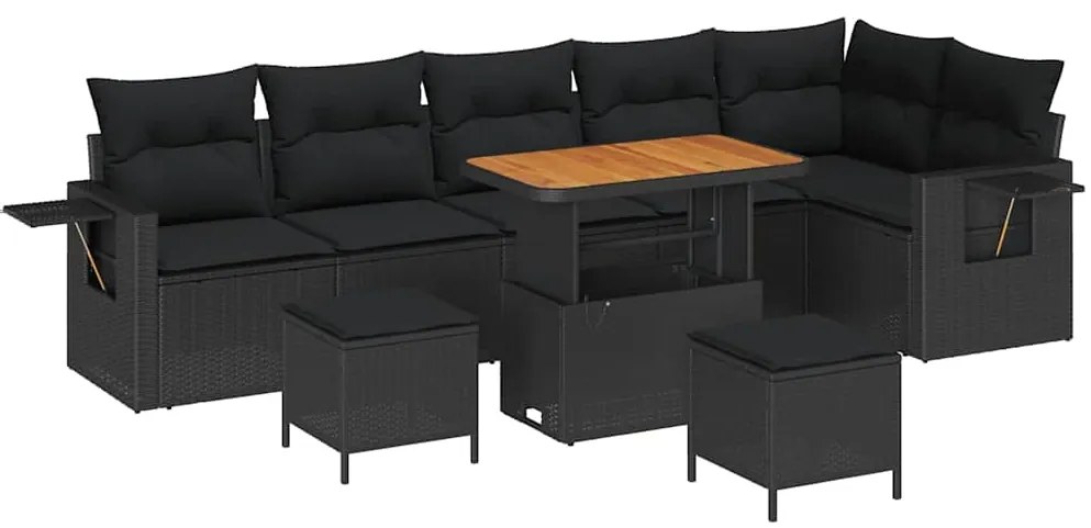 Conjunto de Sofá de Jardim vidaXL 9 Peças com Almofadas Preto Rattan P