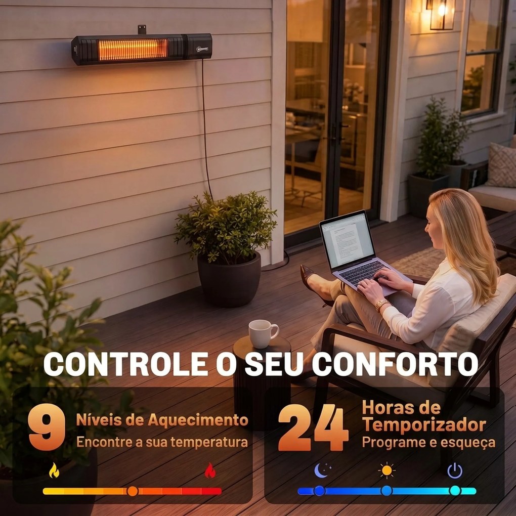 Aquecedor por Infravermelhos para Terraço 2000 W com Capa, IP65, Controlo por App/Tátil/Comando, 9 Níveis e Temporizador