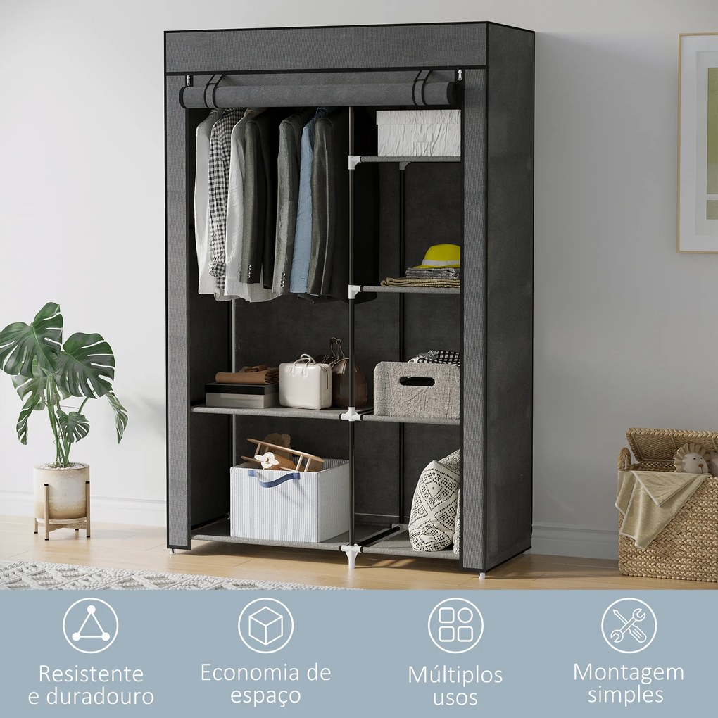 Guarda Roupa de Tecido Dobrável com 6 Prateleiras e 1 Barra de Pendurar para Dormitório Vestidor 103x43x162,5 cm Cinzento