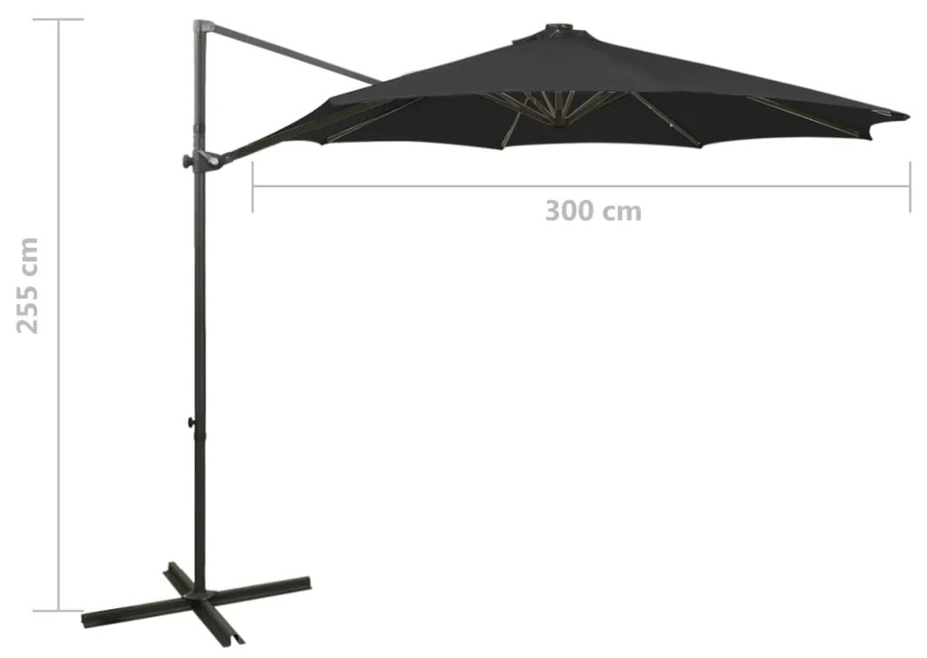 Guarda-sol cantilever c/ poste e luzes LED 300 cm preto