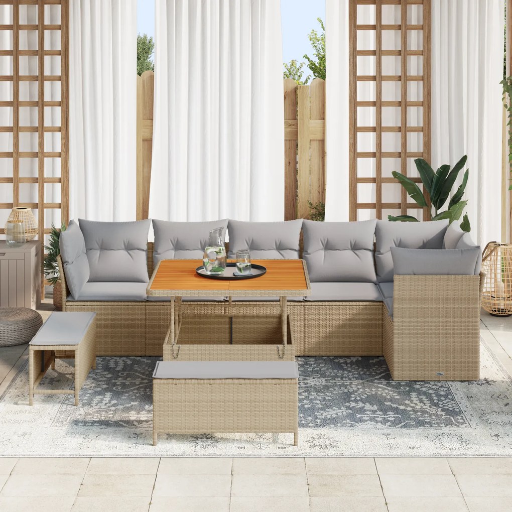 Conjunto de Sofá de Jardim vidaXL 9 Peças com Almofadas Bege Rattan Po