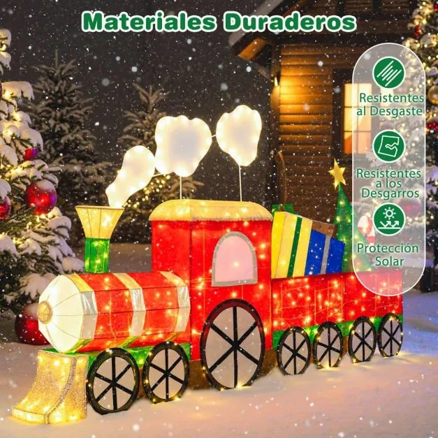 Comboio de Natal Iluminado com Presentes e 330 Luzes LED Decoração para Exterior Resistente às Intempéries com Estacas Branco Quente 215 cm
