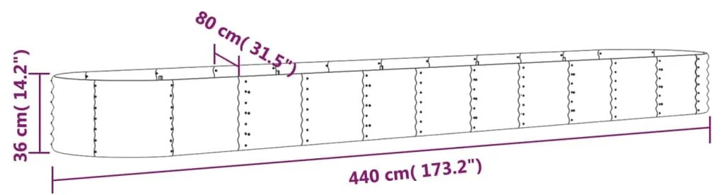 Canteiro elevado jardim 440x80x36cm aço revestido a pó cinzento