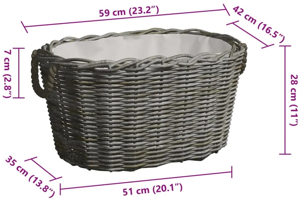Cesto para lenha com pegas 59x42x28 cm salgueiro cinzento