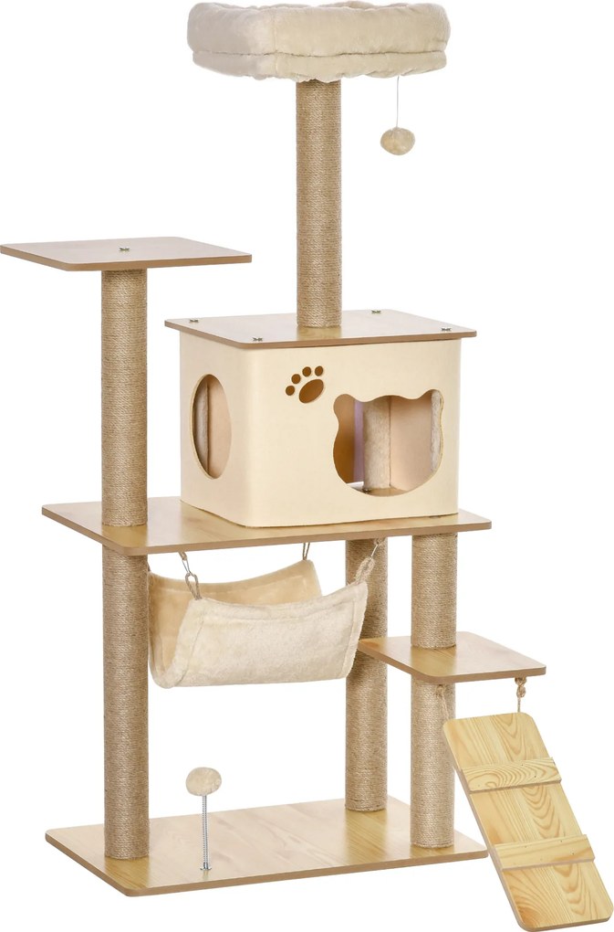 Árvore Arranhadora para Gatos Torre de Escalada com Plataformas Rede Escada Caverna Postes para Arranhar de Juta Bola Supensa e Descanso 60x40x130cm B