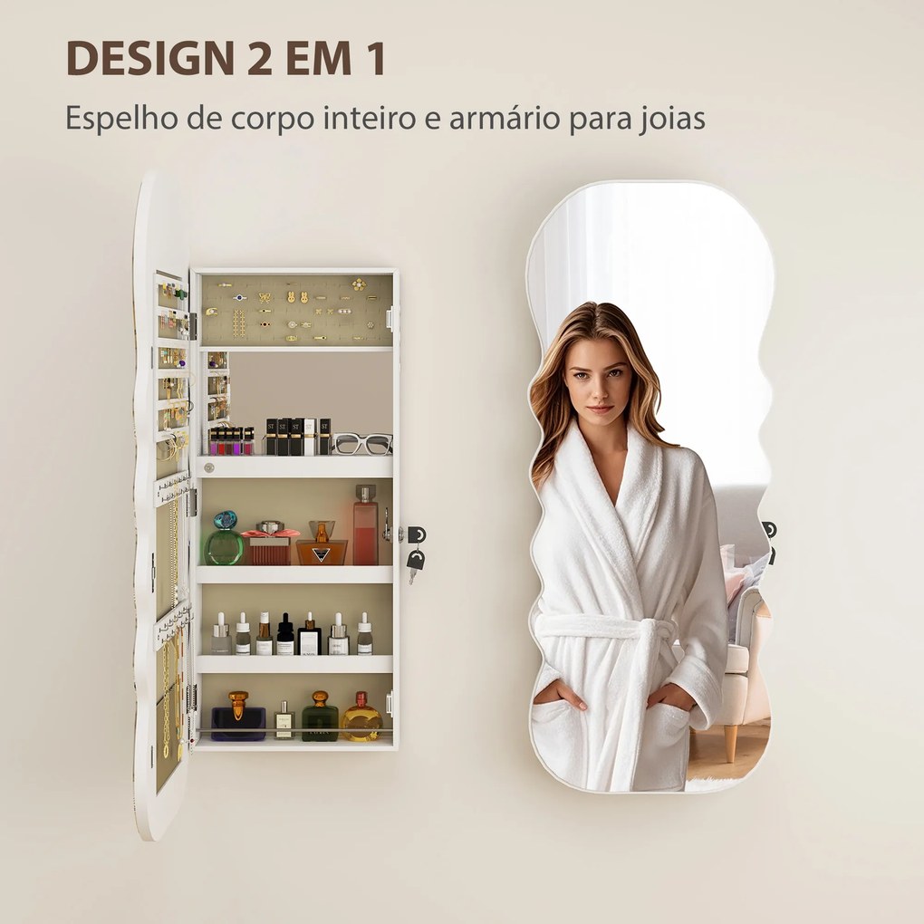 Espelho-Joalheiro com Luz LED Montado na Parede ou na Porta com Fechadura, Espelho de Corpo Inteiro Branco