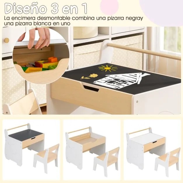 Conjunto de mesa e cadeira infantil de madeira 2 em 1 para crianças com tabuleiro removível, branco