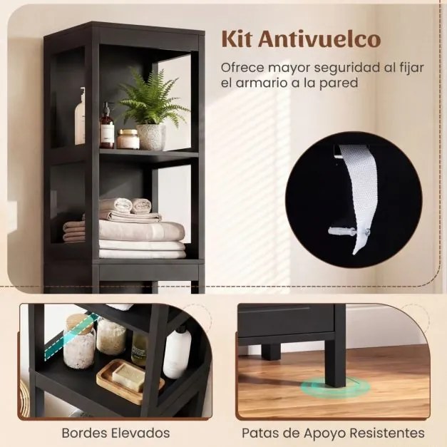 Armário para casa de banho 30,5 x 30,5 x 144 cm com 2 gavetas e 3 estantes Preto
