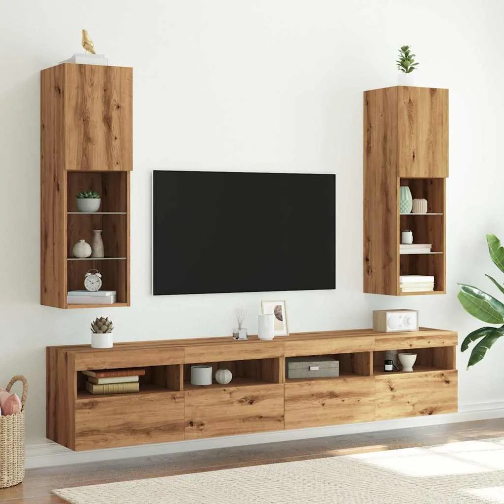 Móveis de TV c/ luzes LED 2pcs 30,5x30x102cm carvalho artisiano