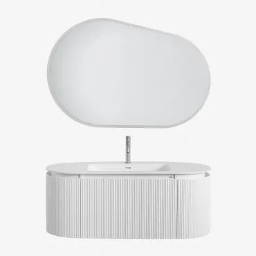 Conjunto De Móveis De Casa De Banho Em Madeira Com Lavatório Integrado Carsone Branco & Sem Unidade Auxiliar & Oval Led E Anti-embaciamento - Sklum