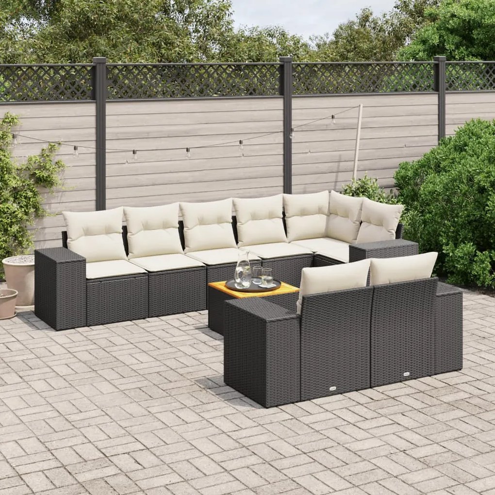 9 pcs conjunto de sofás p/ jardim c/ almofadões vime PE preto