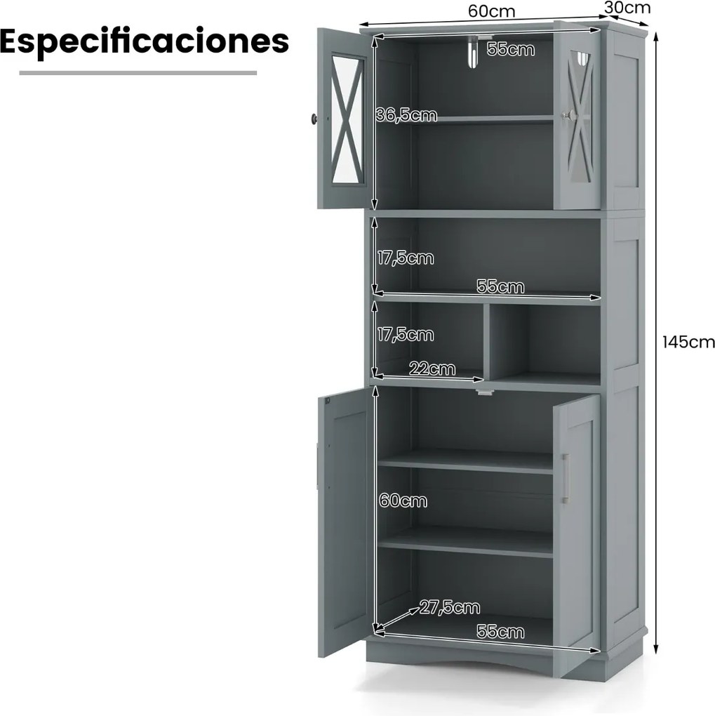 Armário multifuncional de casa de banho ou cozinha 60 x 30 x 145 cm com portas e 3 cubos e com estantes ajustáveis Cinzento