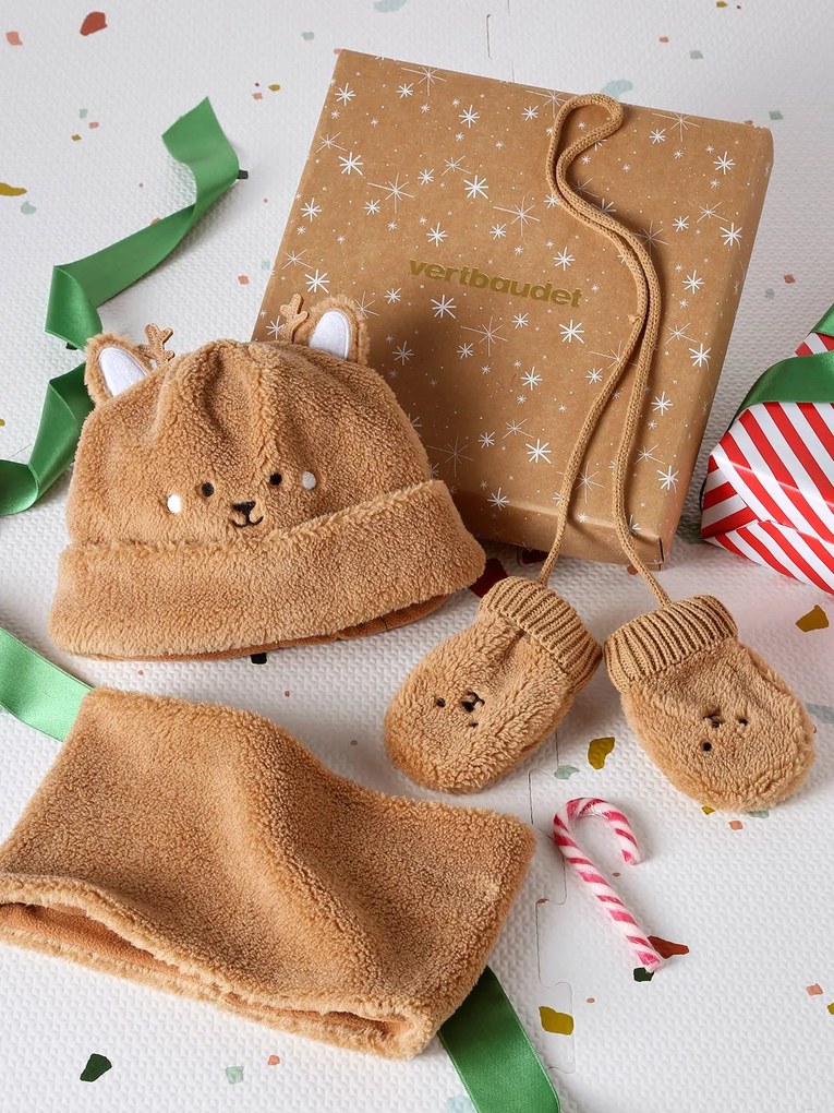 Conjunto de natal com gorro de ursinho, gola e luvas para bebé noz pecã