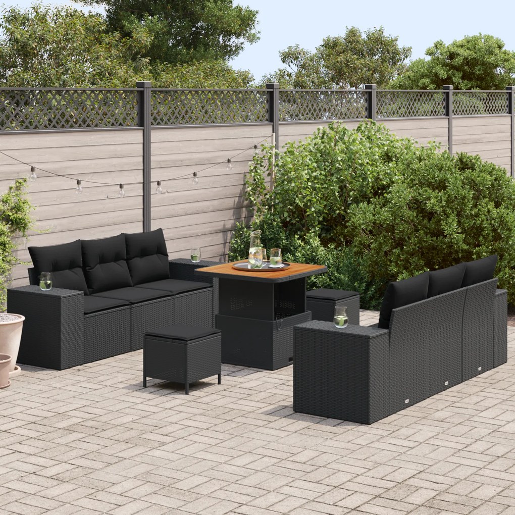 Conjunto de Sofá de Jardim de 9 peças com Almofadas Preto Rattan Sinté
