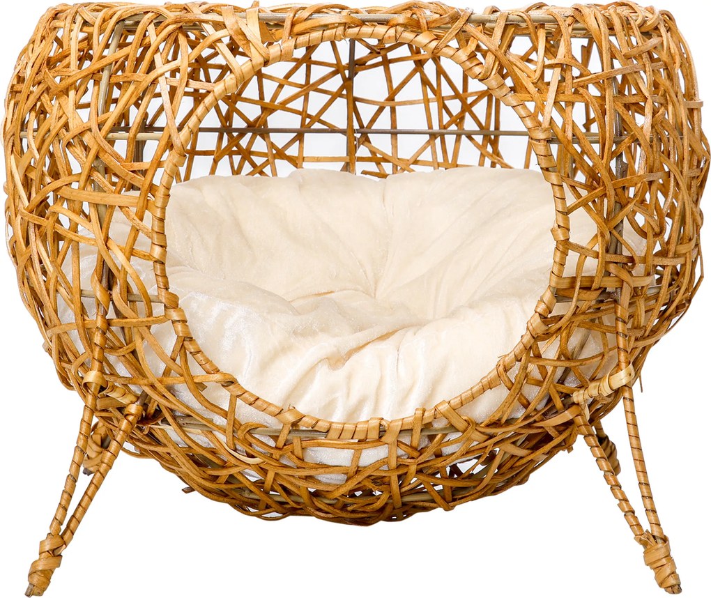 Cama para gatos Ø 40 x 32 cm,, cesto para gatos, casinha de rattan para gatos, almofada grossa, castanho claro