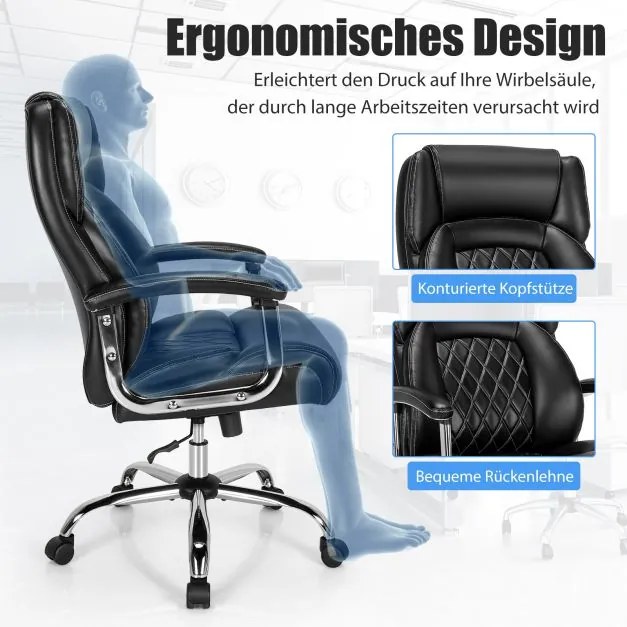 Cadeira de escritório ergonómica com capacidade de carga até 225 kg, com função de balanço, ajustável em altura, para pessoas grandes Preto