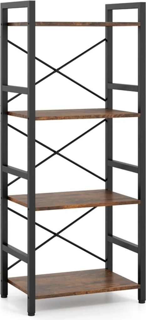 Estante de 4 níveis, Estrutura metálica resistente, design antideslizamento, 41,5 x 27,5 x 100 cm, Castanho rústico e preto