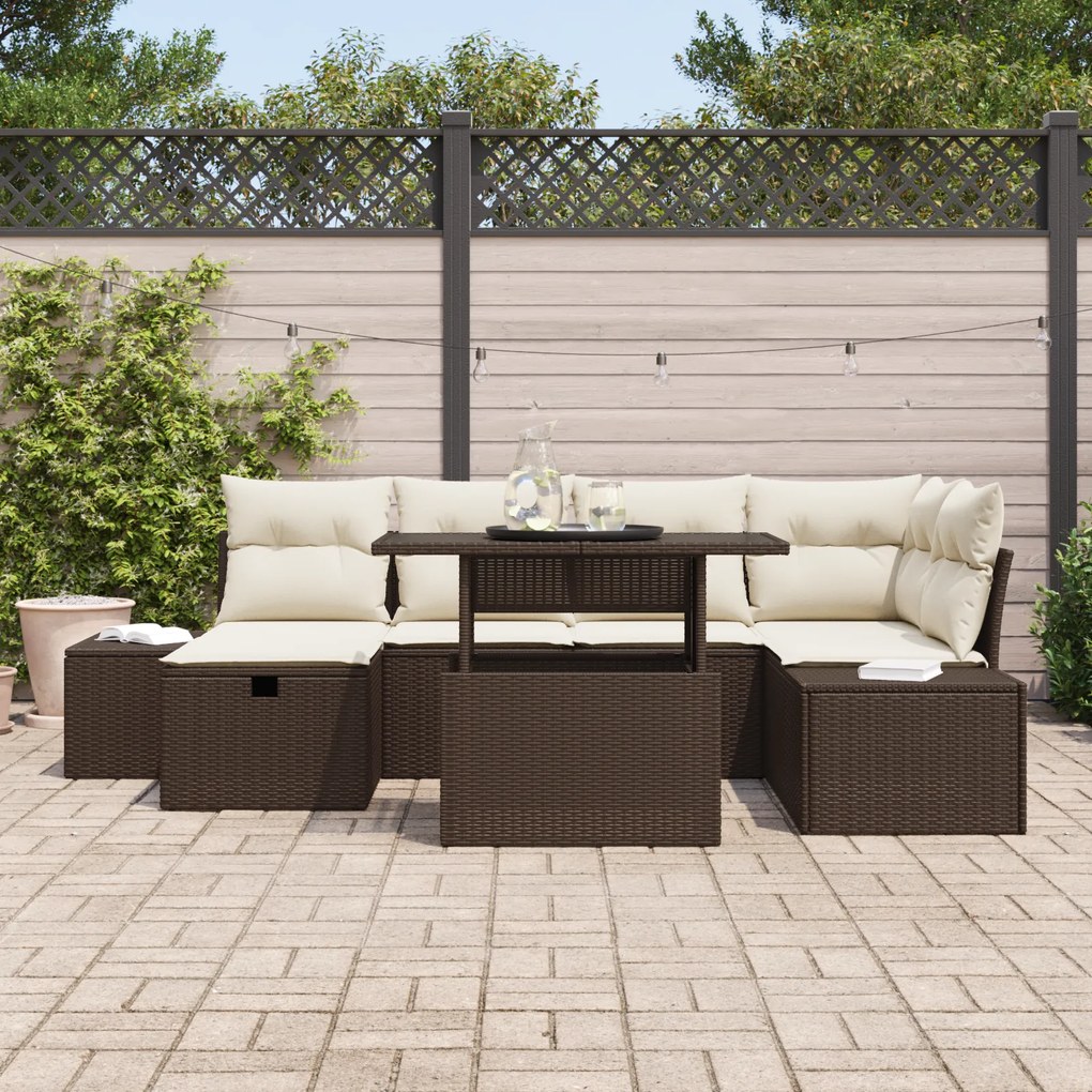 Conjunto de Sofá de Jardim com Almofadas Marrom em Rattan Poliéster