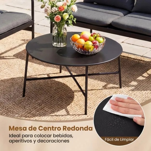 Conjunto de jardim, 4 peças, em vime com estrutura metálica e almofadas em rattan PE, 2 poltronas com mesa, para alpendre, jardim ou varanda, Cinzento