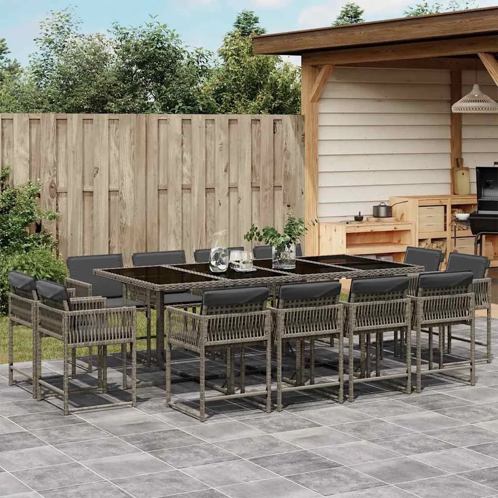 13 pcs conjunto jantar p/ jardim c/ almofadões vime PE cinzento
