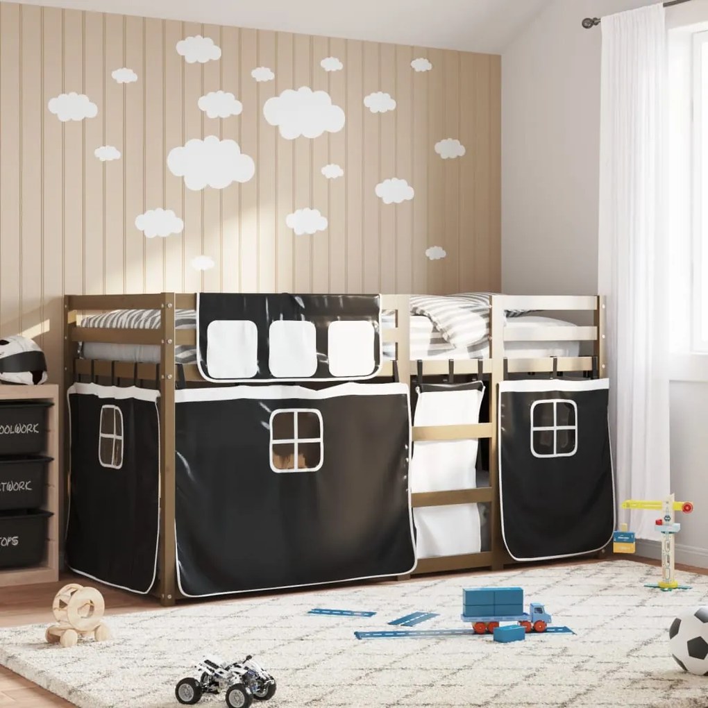 vidaXL Beliche com cortinas 90x200 cm pinho maciço branco e preto
