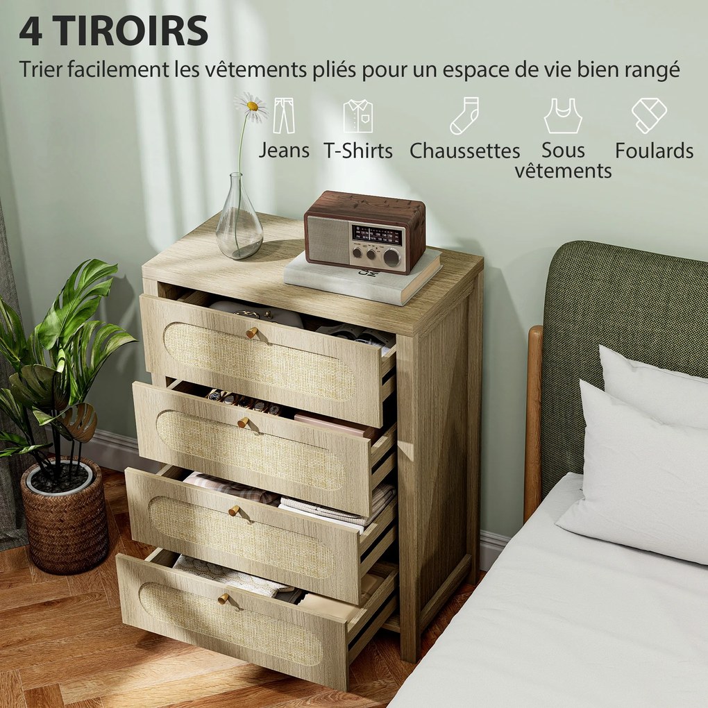 Cómoda com 4 gavetas, móvel de arrumação de estilo boémio com portas em resina trançada, 70 x 38 x 93 cm, efeito de madeira natural