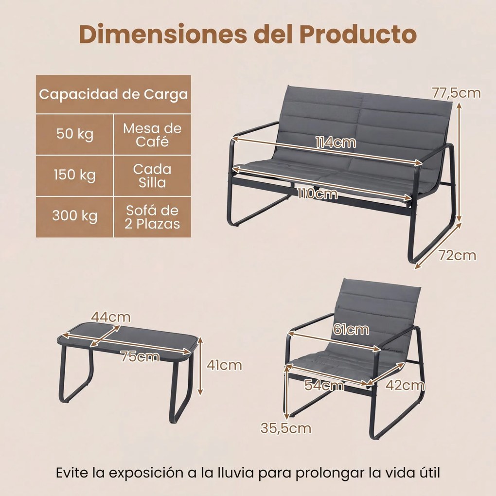 Conjunto de 4 Peças para Exterior: Sofá de 2 Lugares, 2 Cadeiras e Mesa de Centro, 75 x 44 x 41 cm, Almofadas Removíveis, Preto+Cinza