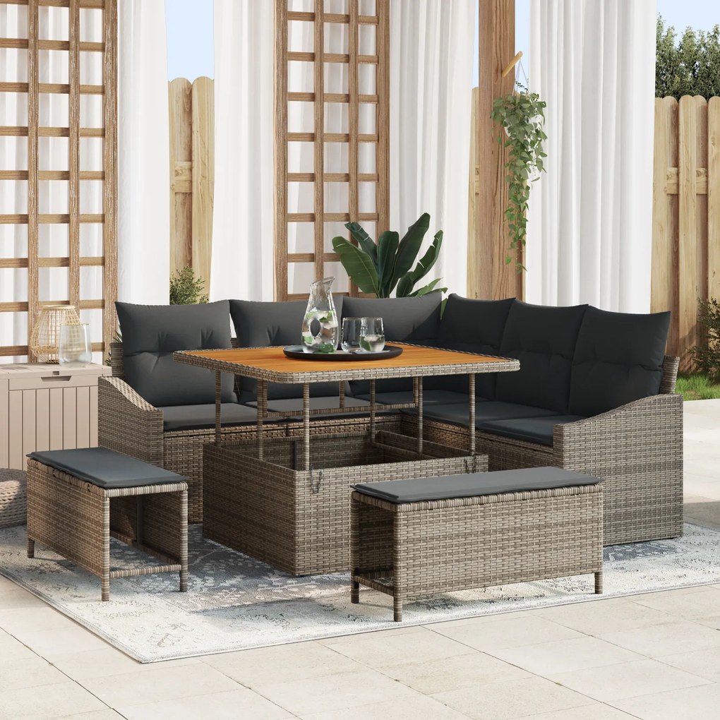 Conjunto de Sofá de Jardim com Almofadas Cinza de 8 Peças de Rattan Po