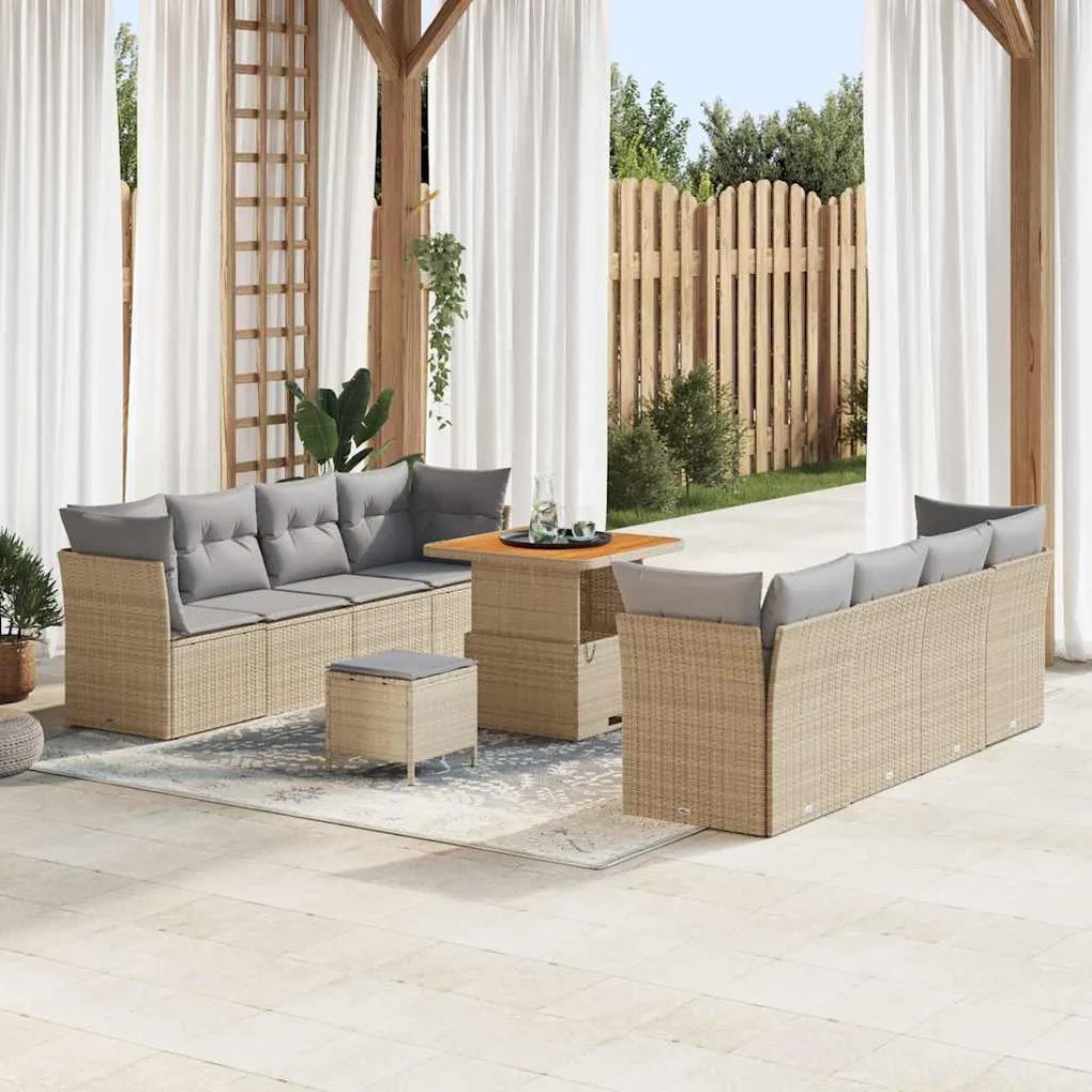vidaXL Conjunto de Sofá de Jardim com 11 peças e almofadas bege em rattan sintético e acácia.
