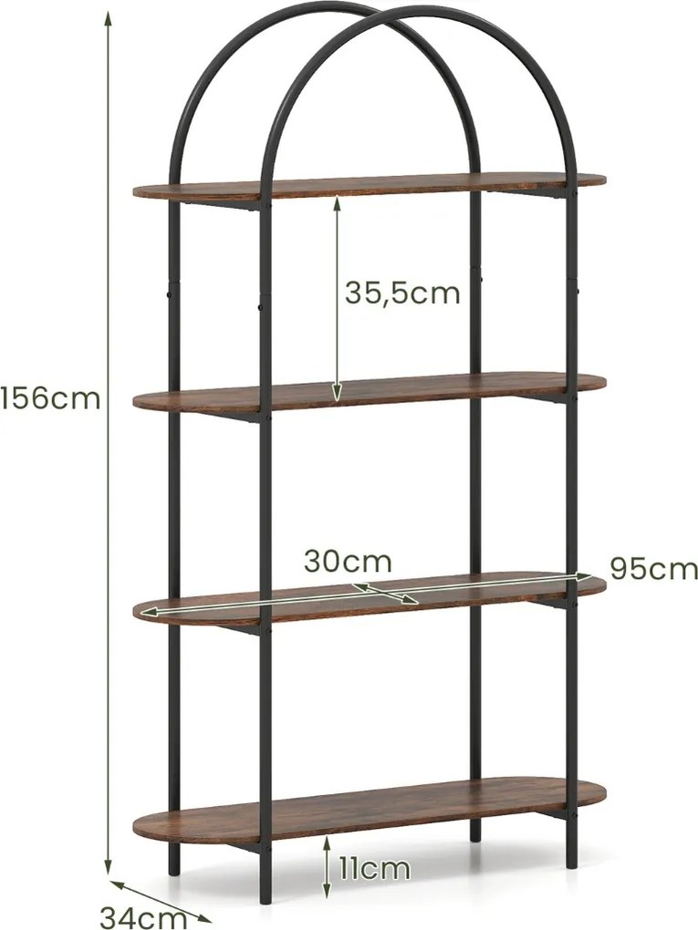 Estante arqueada 95 x 34 x 156 cm, 4 níveis com Estrutura metálica Castanho rústico e preto