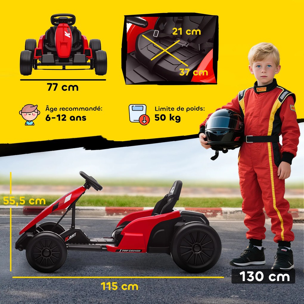 Kart elétrico para crianças de 24 V, Go Kart, motor de 2 x 150 W, modo drift, assento ajustável, arranque progressivo, vermelho